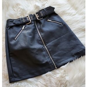 High Waisted Faux Leather Buckle Belt Mini Skirt